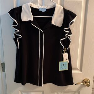 CeCe Black Blouse with cream Ruffle Trim NEW WITH TAGS
